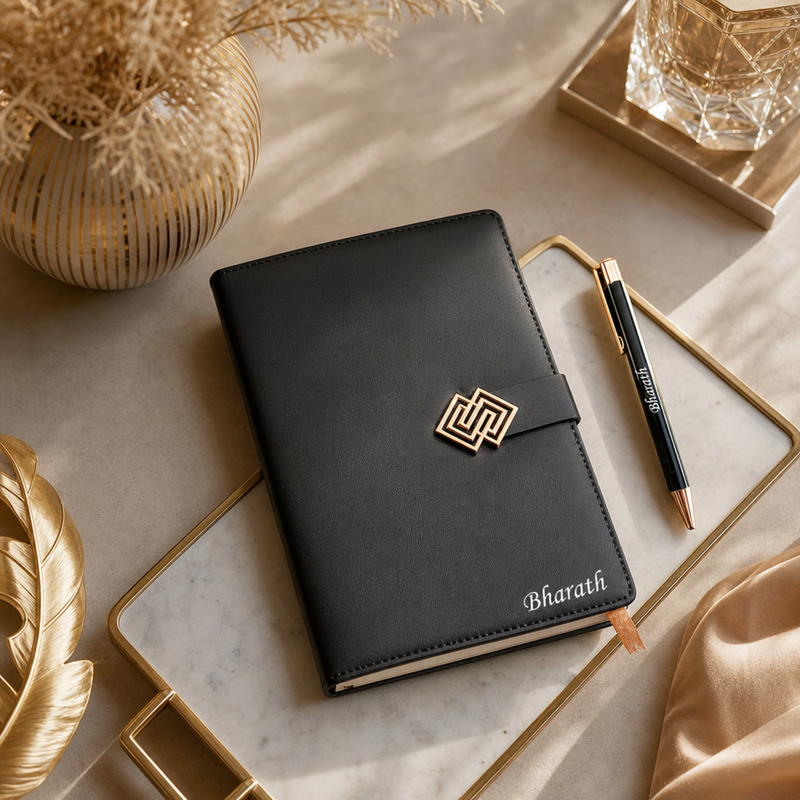 Rose Gold Personalised Diary Pen Set | Premium Leather Finish Diary with Elegant Rose Gold Emblem & Matching Pen | Luxury Office Stationery Gift Set