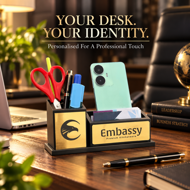 Personalised Embassy Pen Stand | Double Side Branding Desk Organiser for Office