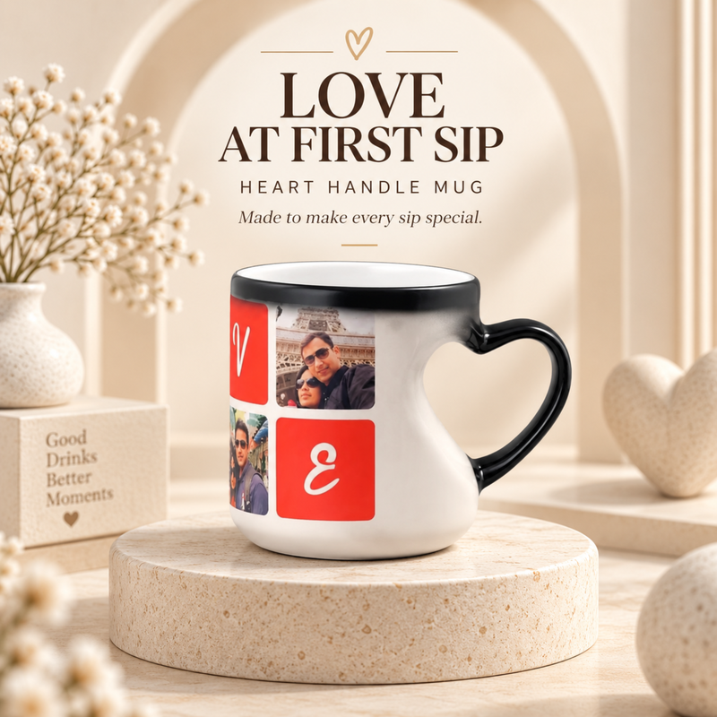 Heart Handle Ceramic Mug 300ml | Personalised Coffee Cup with Photo Name & Custom Design