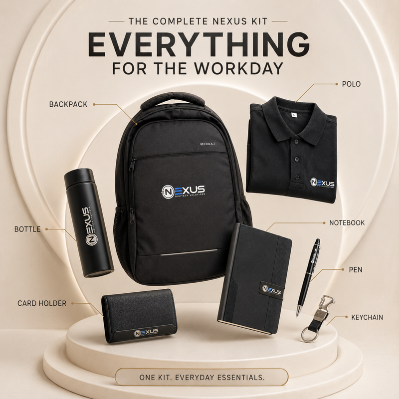 Welcome Kit 2.0 | 7 in 1 Corporate Employee Joining Gift Set | Backpack Bottle Diary Polo T-Shirt Pen Keychain & Card Holder