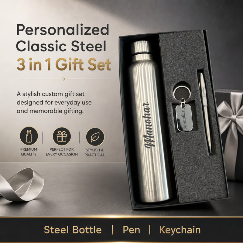 Personalized Classic Steel 3 in 1 Gift Set | Custom Name Steel Bottle Pen & Keychain Combo | Corporate Birthday Office Gifting Set