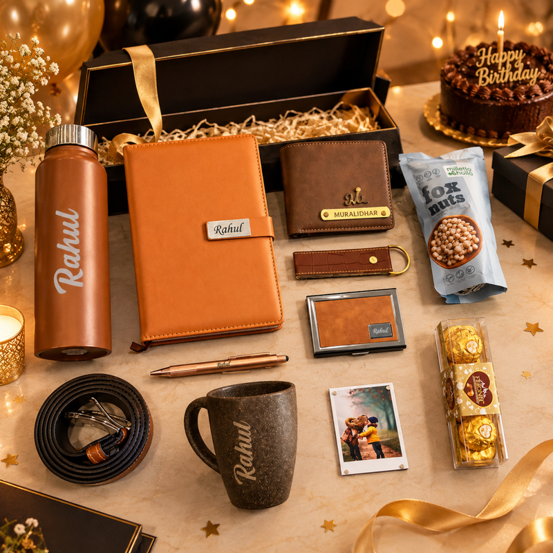 Alpha Customised Gift Set for Men | Personalised Aqua Steel Bottle, Diary, Wallet, Pen, Keychain, Card Holder, Belt, Mug, Chocolates & Premium Accessories Gift Hamper