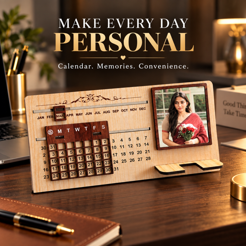 Personalised Infinity Calendar Stand with Photo Frame & Mobile Holder