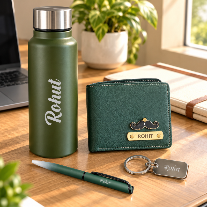 Hycross Customised Gift Set | Personalised Aqua Steel Bottle, Nexon Men Wallet, Pen & Keychain Combo | Premium Gift Hamper for Men