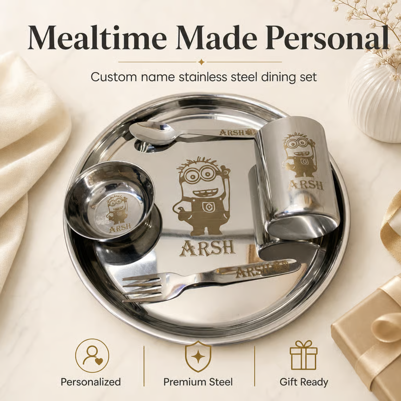 Personalized Round Dinner Set | Custom Name Plate Bowl Glass Fork & Spoon | Stainless Steel Kids Dining & Gifting Set