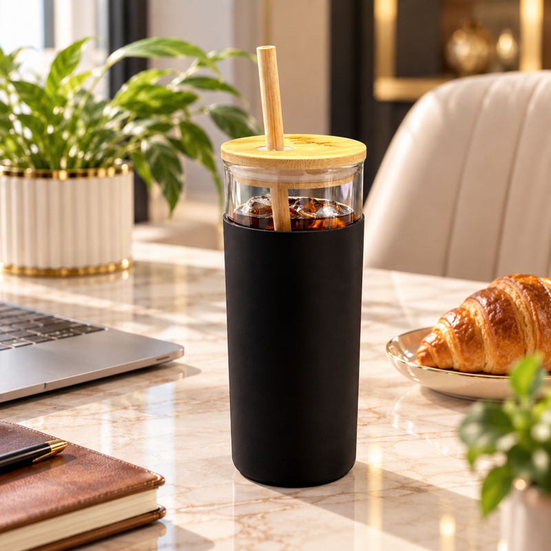 Personalised Bamboo Glass Tumbler | Glass Mug with Bamboo Lid & Straw