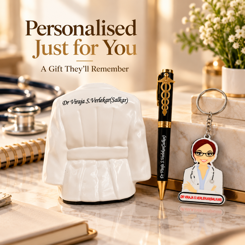Personalised Doctor 3-in-1 Gift Set | Doctor Coat Pen Stand Pen & Keychain | Custom Name Gift for Doctors