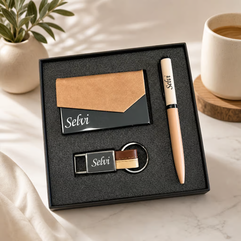 Personalized Dual Tone 3 in 1 Gift Set | Custom Name Card Holder Pen & Keychain Combo | Corporate Birthday Office Gifting Set