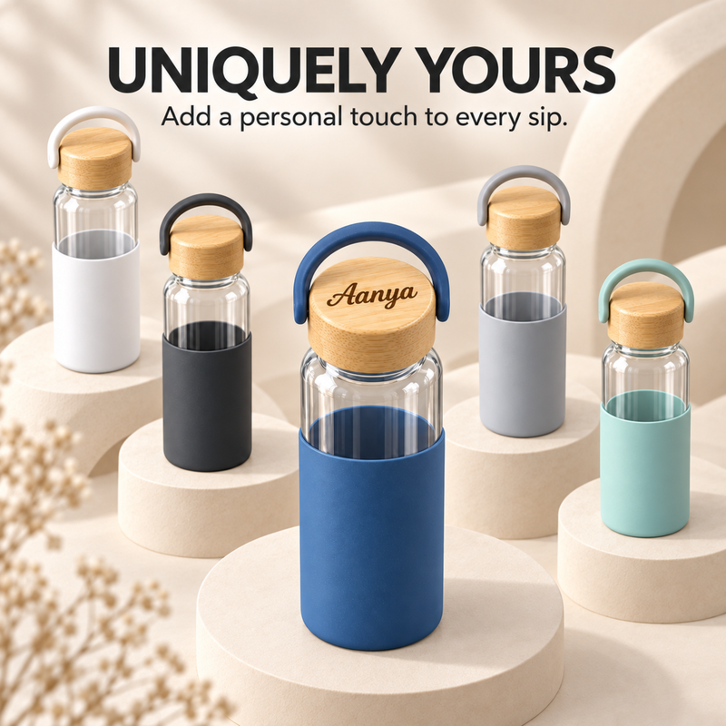 Personalized Glass Water Bottle 750ml | Premium Transparent Bottle with Silicone Sleeve & Bamboo Lid | Custom Name Bottle for Home Office Travel & Daily Use
