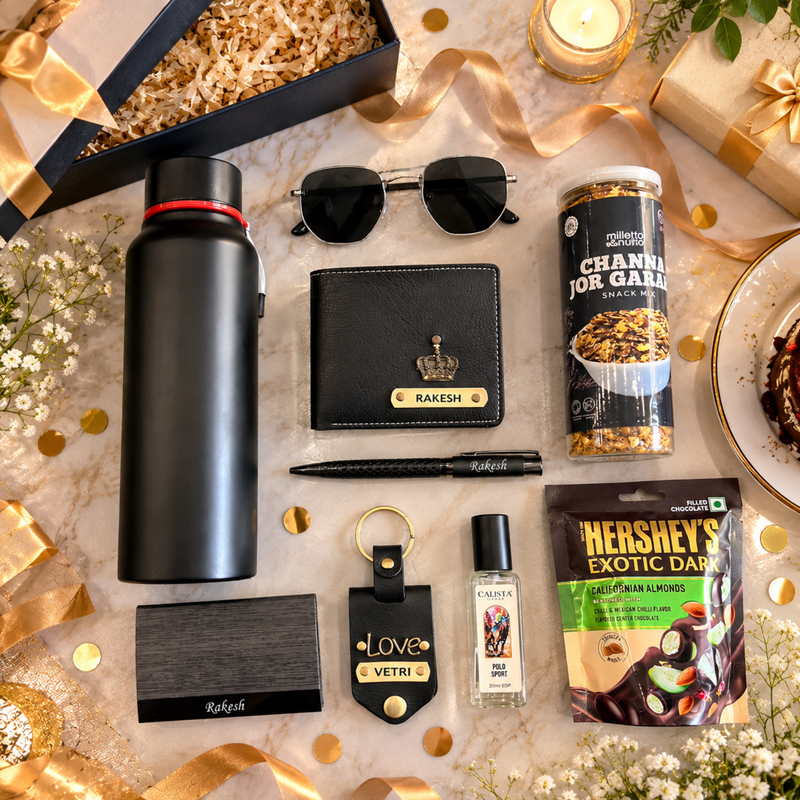 Genz Cool Customised Hamper | Personalised Boro Trek Bottle, Wallet, Pen, Photo Keychain, Sunglasses, Perfume, Snacks & Chocolate Gift Set