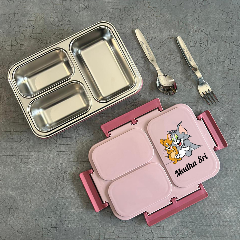 Personalized Bento 3 Partition Lunch Box | Stainless Steel Inner Lunch Container with Fork & Spoon | Custom Name Lunch Box for Kids, Adults, Office, School & Travel