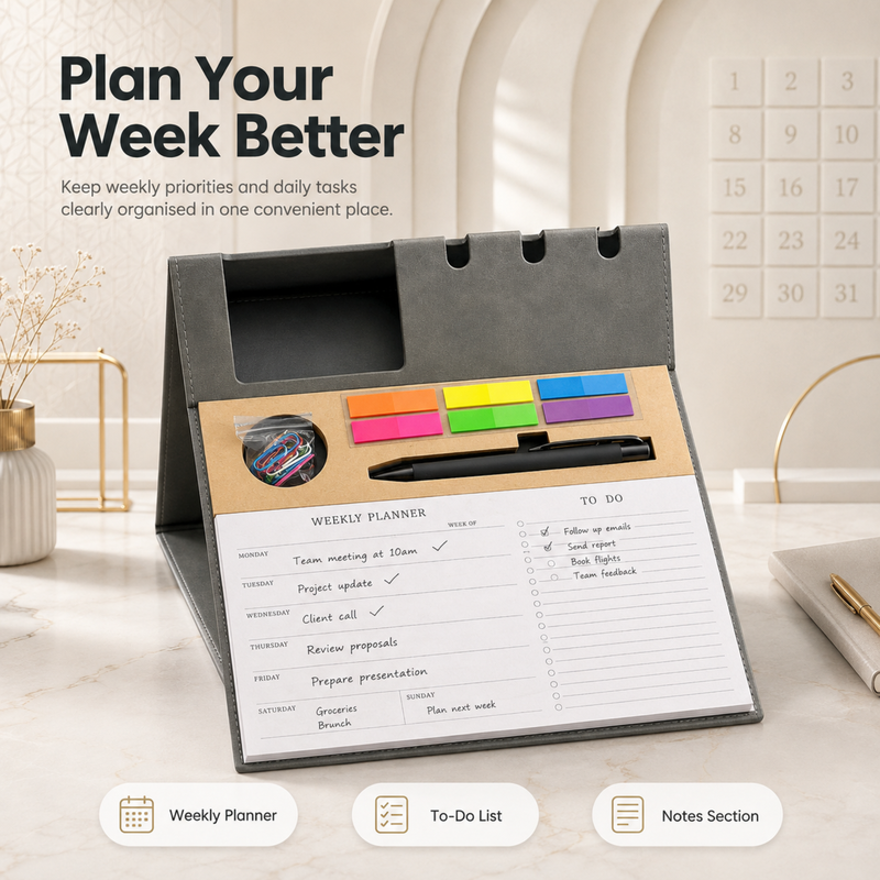 Smart Desk Organiser with Daily Planner | Mobile & Pen Holder with Sticky Notes | Multipurpose Office Desk Planning Organizer