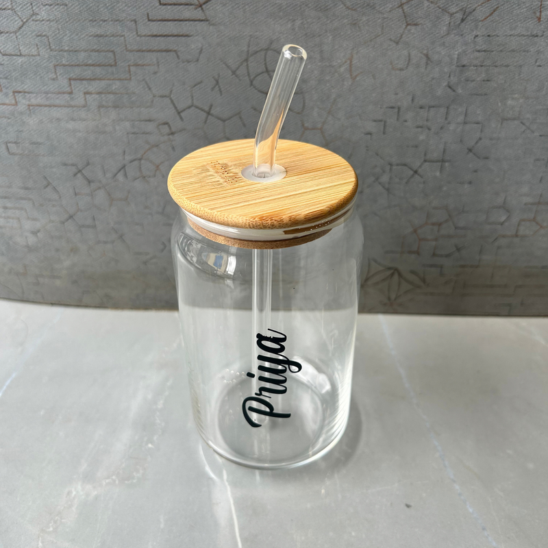 Personalised Borosil Glass Tumbler | Glass Cup with Wooden Lid & Straw