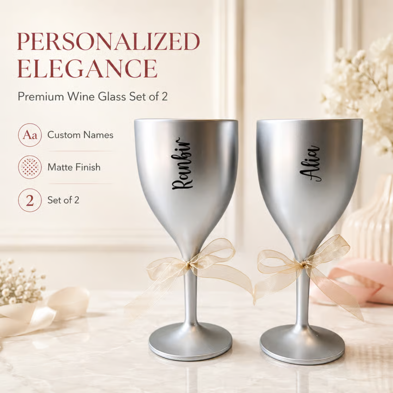 Personalized Wine Glass Set of 2 | 300 ml Premium Unbreakable Wine Glasses with Custom Name Printing | Matte Finish Champagne Goblets for Wedding, Anniversary, Couple, Birthday & Gift | Gift Box Available