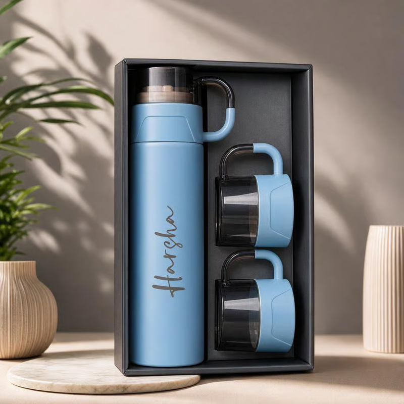 Personalized Alexa Flask with 2 Cups | Custom Name Printed Flask & Cup Gift Set | Travel Drinkware Set for Office Home Gifting