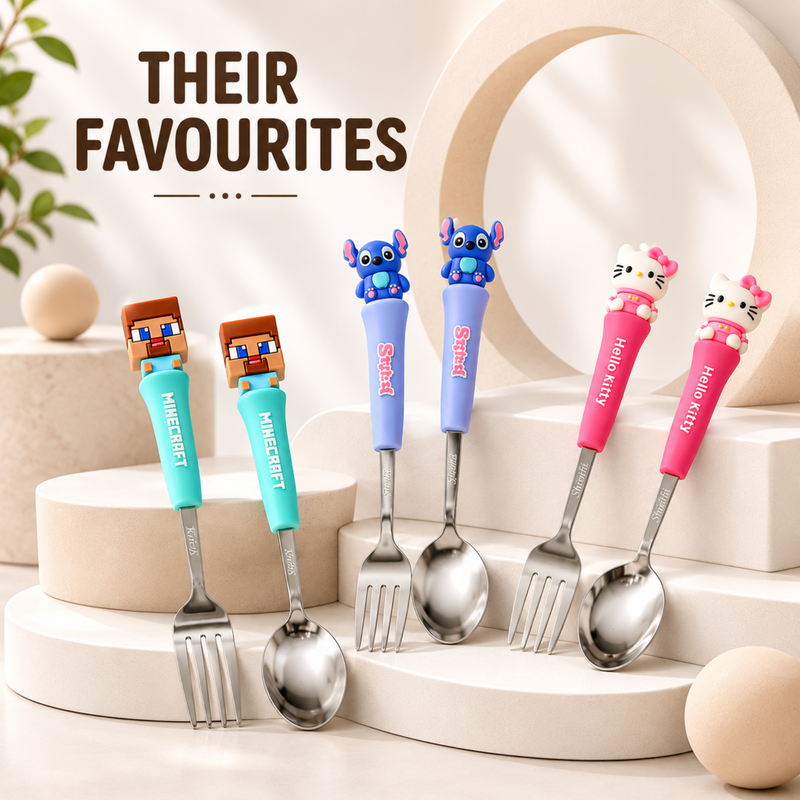 Fancy Silicone Fork & Spoon Set | Stitch & Hello Kitty Cute Character Kids Dining Cutlery for Everyday Use