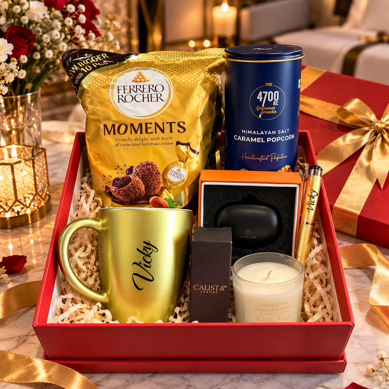 Luxury Customised Gift Hamper | Personalised Bistro Mug, Ferrero Moments, Popcorn, AirPods, Pen, Perfume & Candle Premium Gift Set