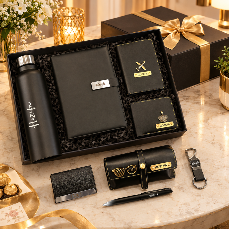 Classic Black Customised Hamper | Personalised Steel Bottle, Diary, Pen, Passport Cover, Wallet, Eyewear Case, Keychain & Card Holder Gift Set