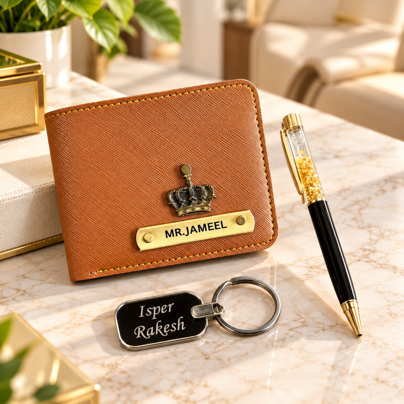 Saffiona 3 in 1 Personalized Gift Set | Premium Men Wallet with Pen & Keychain Combo | Custom Name Wallet Gift Set for Men | Stylish Corporate & Birthday Gift