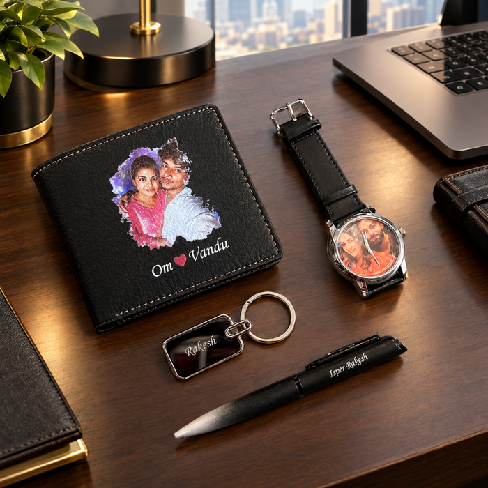 Camry Customised Gift Set | Personalised Photo Wallet, Photo Wrist Watch, Pen & Keychain Combo | Premium Gift Hamper for Birthdays, Anniversaries & Special Occasions