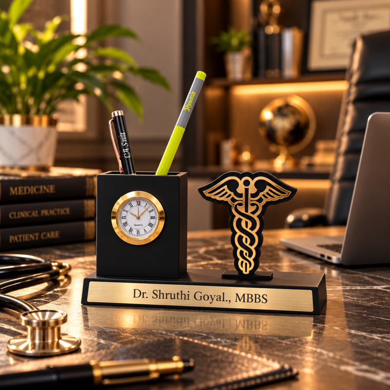 Personalised Professional Pen Stand | Mini Clock Desk Organizer with Custom Logo | Premium Office Table Accessory Gift