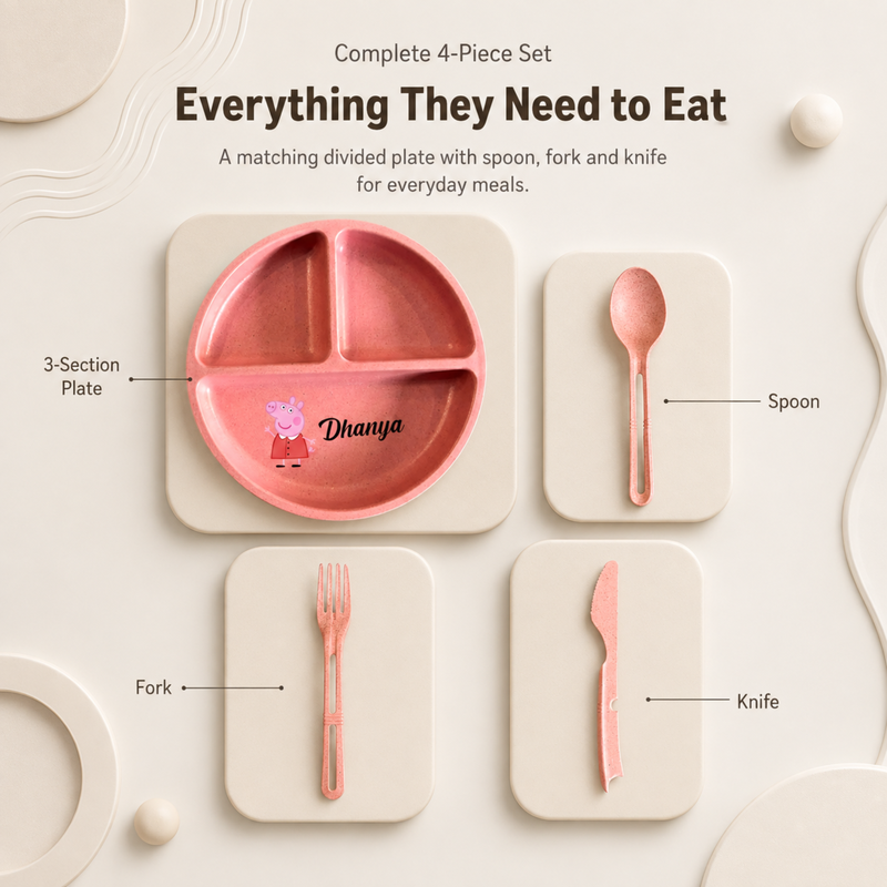 Personalized Eco-Friendly 4 Piece Dinner Set | Custom Name Compartment Plate Fork Spoon & Knife | Kids Dining & Gifting Set