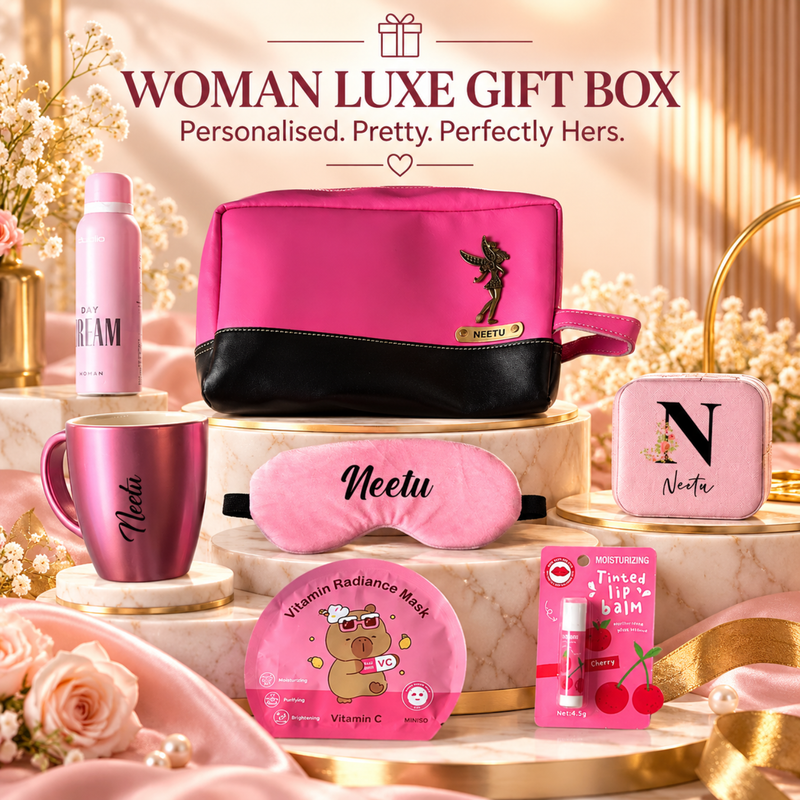 Personalised Woman Luxe Gift Box | Premium Women Gift Hamper with Utility Pouch, Mug, Eye Mask, Jewellery Box & Beauty Essentials