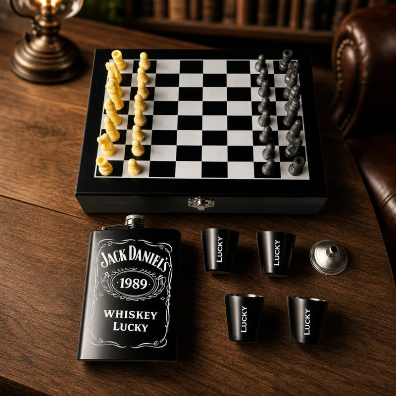 Personalised Chess Board & Hip Flask Gift Set | 200ml Stainless Steel Flask with 50ml Shot Glasses, Funnel & Premium Chess Game Combo