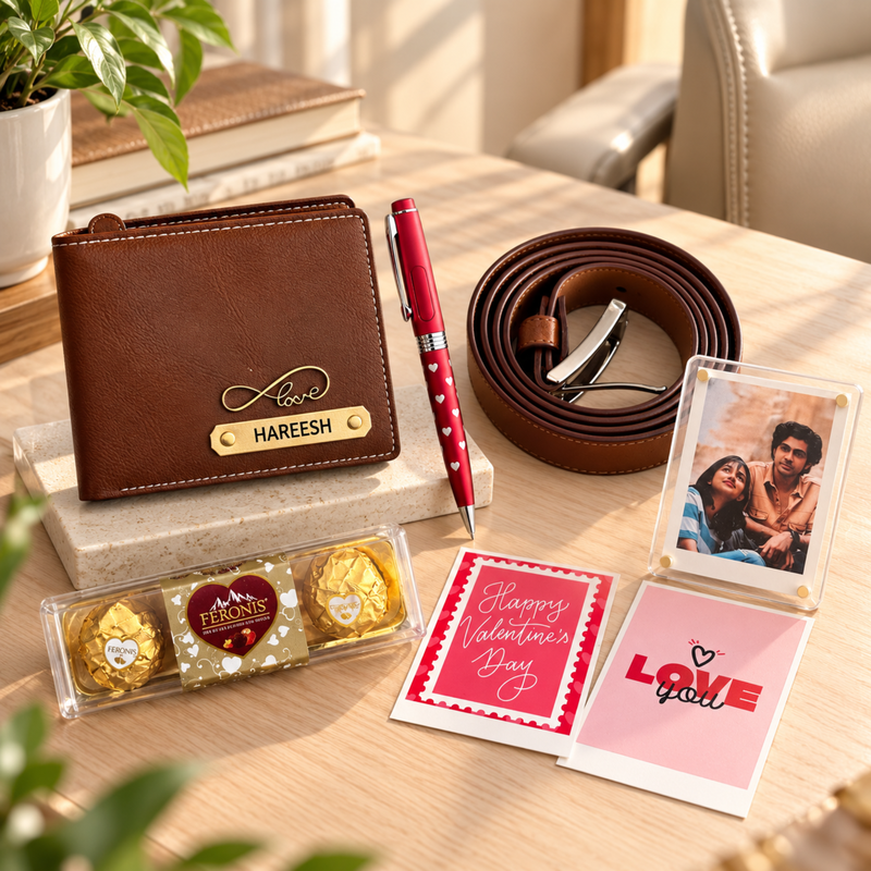 Mavericks Personalized Gift Set for Men | Wallet Belt Pen Polaroid Magnet & Chocolate Combo | Premium Custom Gift Hamper for Husband Boyfriend Birthday Anniversary