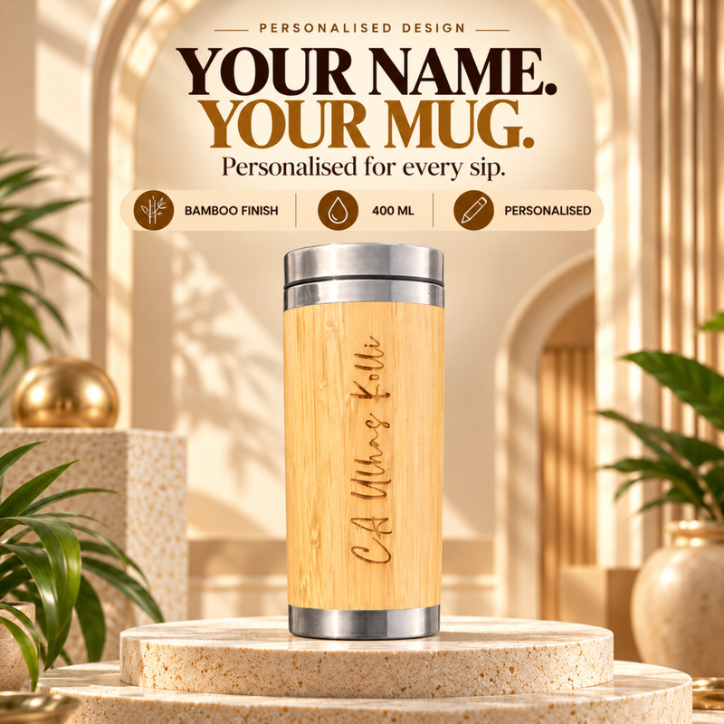 Personalised Bamboo Travel Mug | 400ml Wooden Finish Coffee Tumbler