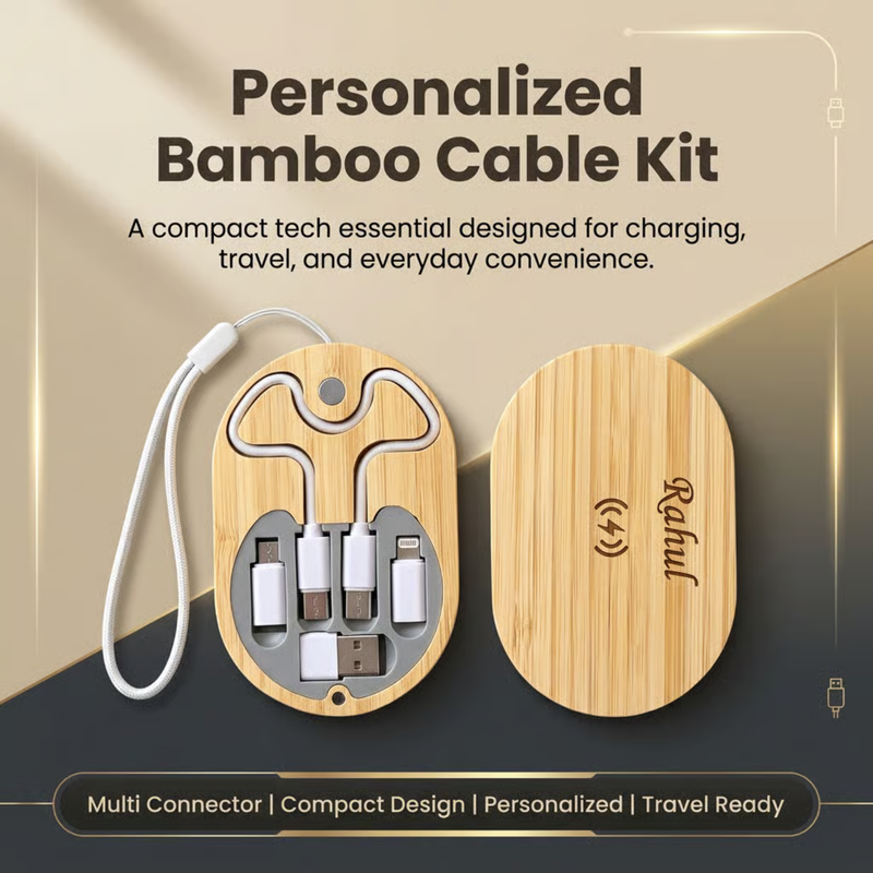 Personalized Bamboo Cable Kit | Custom Name USB Charging Cable Set with Multi Connectors | Compact Travel Tech Organizer for Office & Gifting