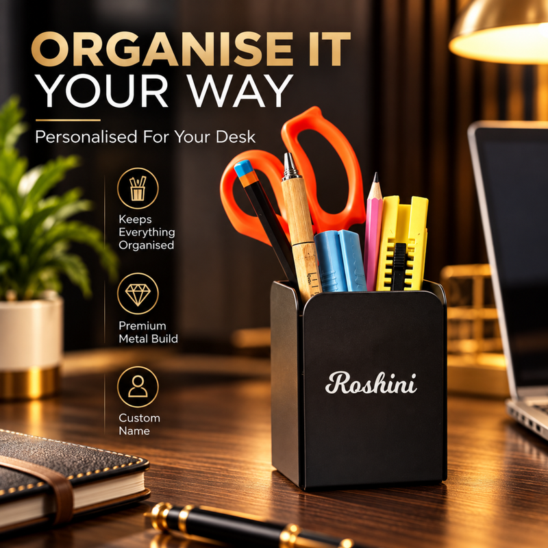 Personalised Multi Stationery Stand | Premium Metal Pen Holder for Desk Organisation
