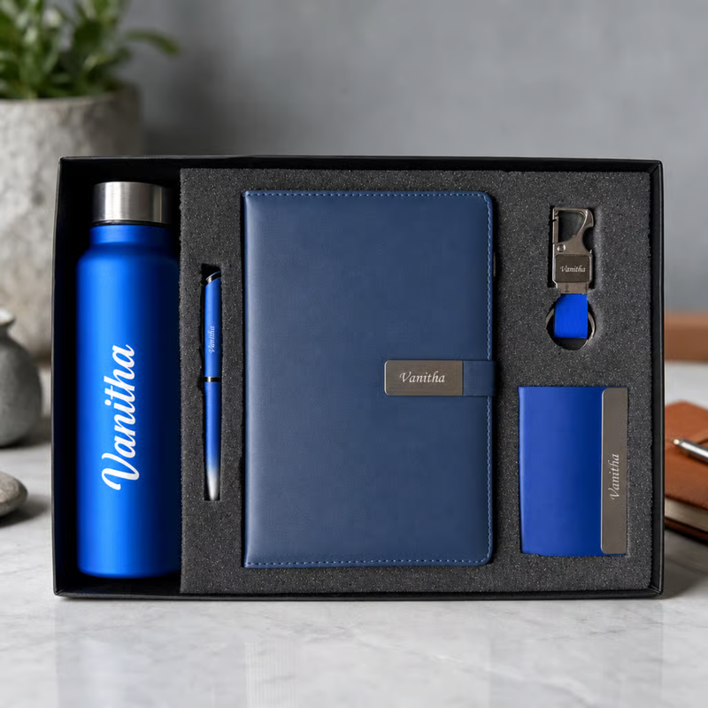 Personalized Erocare 5 in 1 Gift Set | Custom Name Diary Bottle Pen Keychain & Card Holder Combo | Corporate Birthday Office Gifting Set
