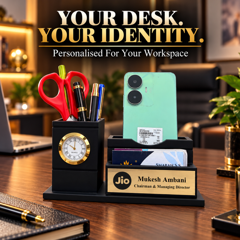 Personalised Cello Pen Stand with Mini Clock | Custom Name Desk Organiser for Office & Study Table