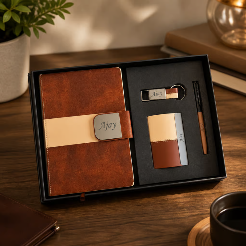 Personalized Ivory 4 in 1 Gift Set | Custom Name Diary Pen Keychain & Card Holder Combo | Corporate Birthday Office Gifting Set