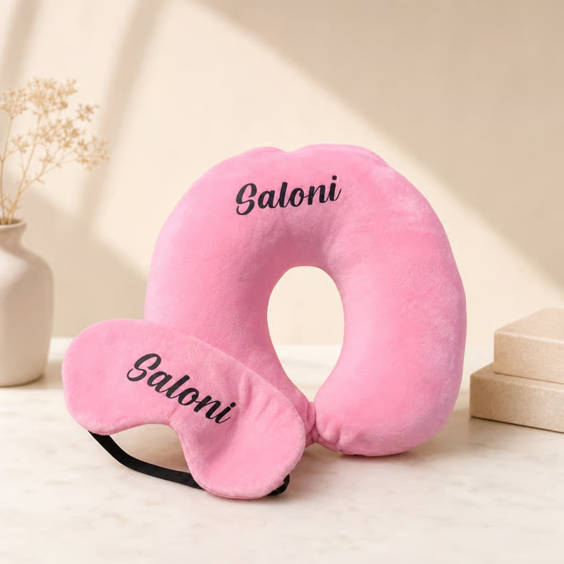 Personalized Travel Pillow & Eye Mask Set | Custom Name Printed Neck Pillow with Matching Sleep Mask | Soft Travel Comfort Set for Flights Car Train & Gifting