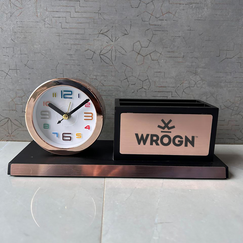 Personalised Rose Gold Pen Stand with Mini Clock | Premium Desk Organizer with Mobile Holder | Office Table Accessory Gift