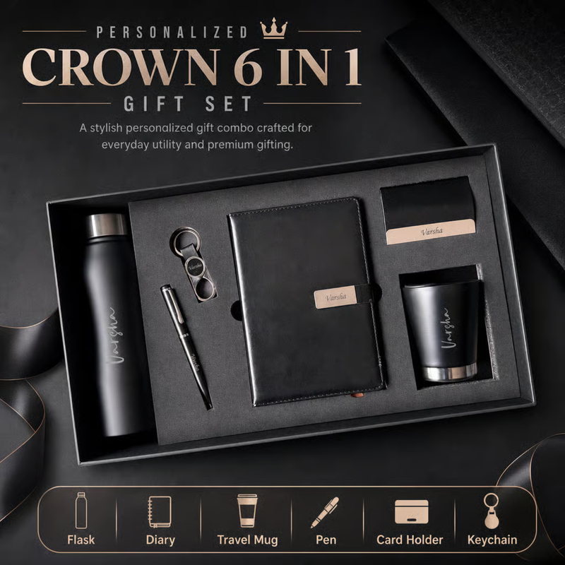 Personalized Crown 6 in 1 Gift Set | Custom Name Flask Diary Travel Mug Pen Card Holder & Keychain | Corporate Office Birthday Gift Combo