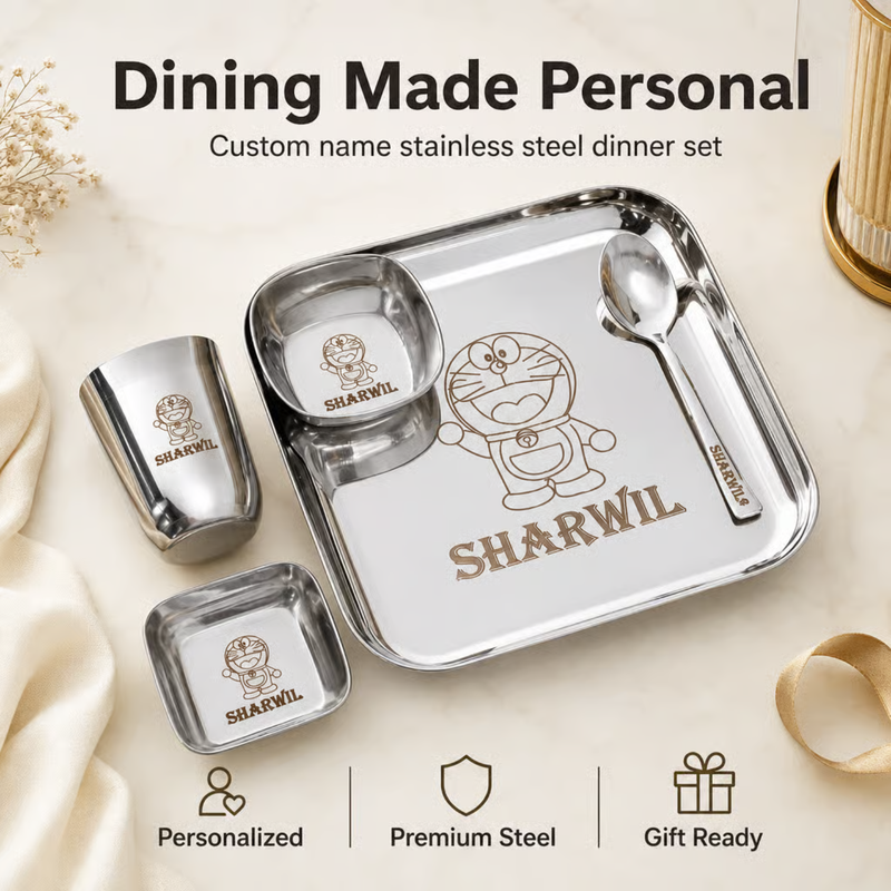 Personalized Square Dinner Set | Custom Name Plate 2 Cups Glass Fork & Spoon | Stainless Steel Dining Gift Set for Kids & Gifting