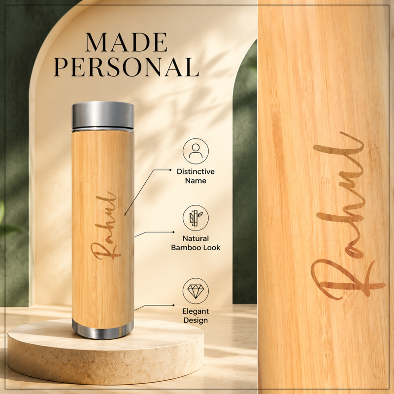 Personalised Bamboo LED Flask 500 ml | Stainless Steel Insulated Bottle with Temperature Display | Natural Bamboo Colour