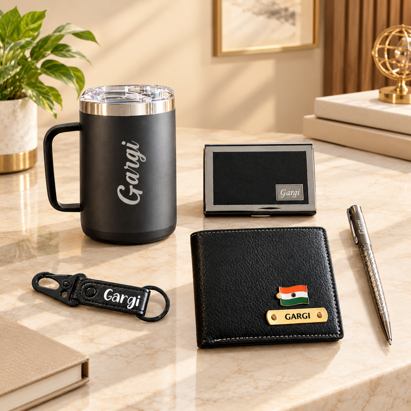 Nexon Signature Gift Box for Men | Wallet, Travel Mug, RFID Card Holder, Hook Keychain & Croc Snakes Pen | 5-Piece Personalized Gift Set