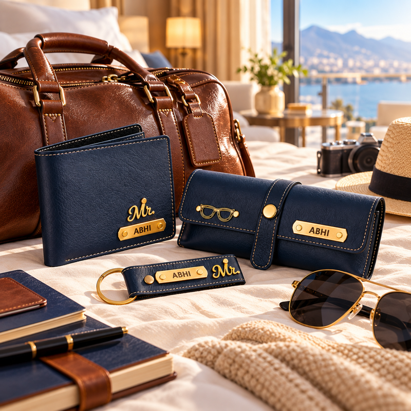 Nexon Customised 3 in 1 Hamper | Personalised Men Wallet, Eyewear Case & Keychain Gift Set | Premium Accessories Gift Box for Men