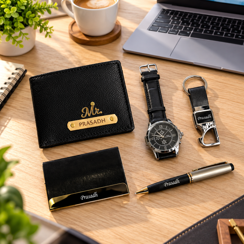 Timex Personalised Gift Set | Executive Wallet with Wrist Watch Pen Keychain & Card Holder | Premium Customised Gift Hamper for Men