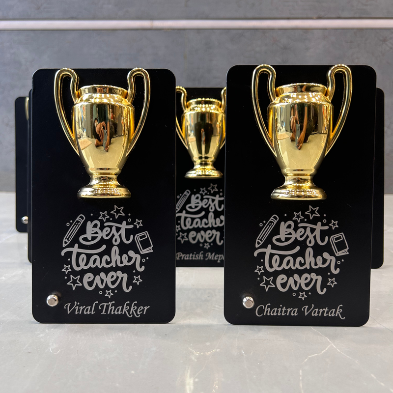 Customised Premium Trophy Table Top Gift with Gold & Silver Cup Design | Personalized Acrylic Award Plaque for Teachers, Seniors, Students, Champions, Farewell & Appreciation Gifts