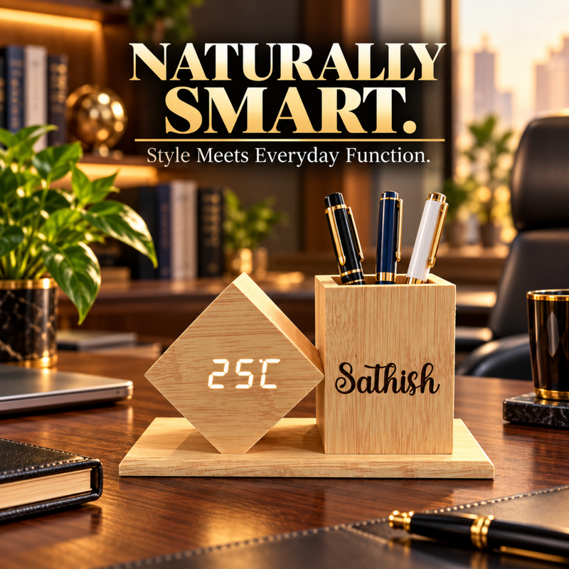 Bamboo Desk Organizer with Digital Clock Display | Wooden Pen Holder for Office & Study Table