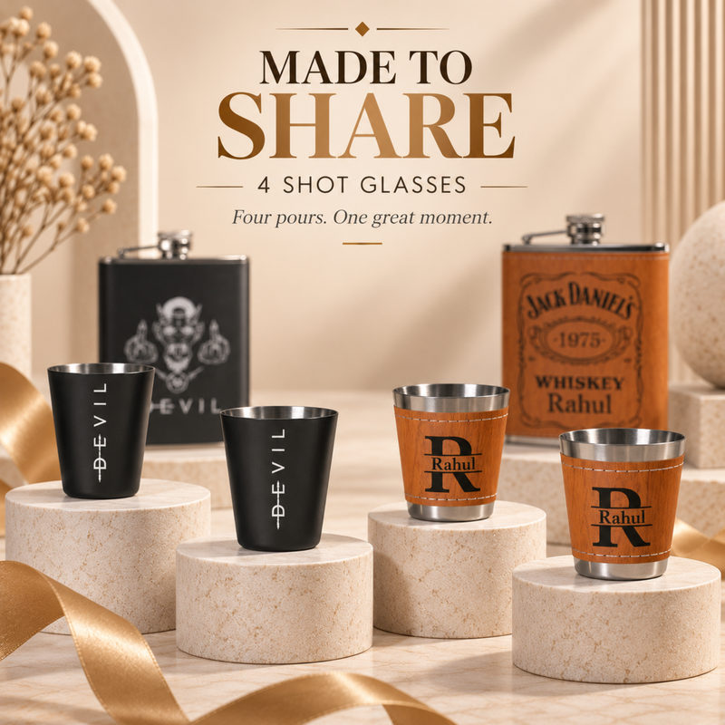 Personalised Hip Flask Gift Set 200ml with 50ml Shot Glasses | Premium Stainless Steel Flask Set with Bottle Opener | Custom Engraved Gift for Men