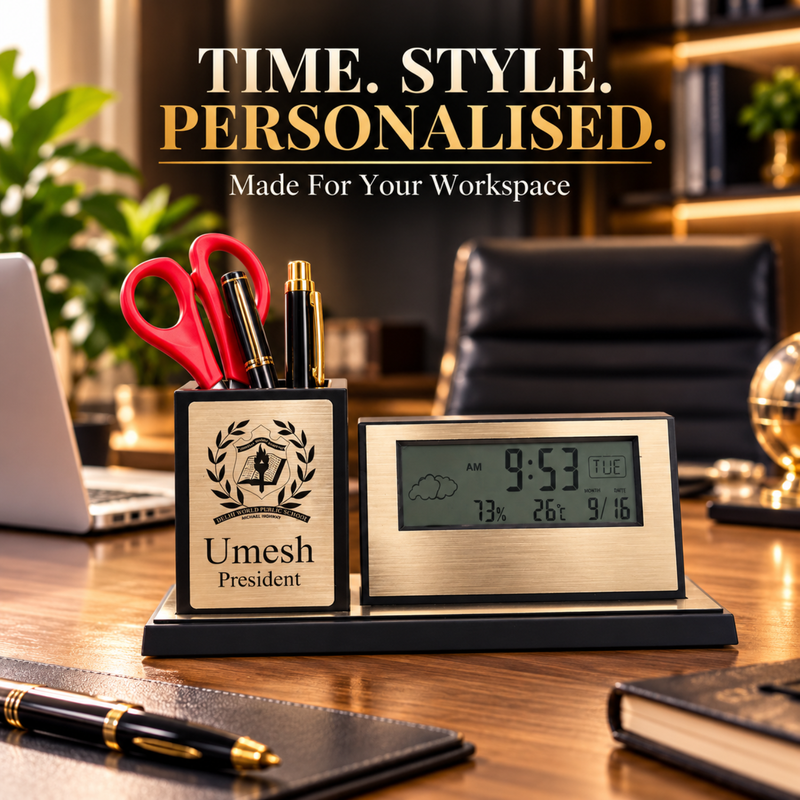 Personalised Digi Clock Pen Stand | Digital Clock Display with Custom Name Desk Organiser