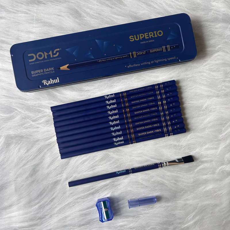 Personalized Pencil Set | 10 Pencils with Sharpener & Eraser | DOMS Zillion, DOMS Superio, Apsara Matt Magic 2.0 & DOMS Y1 Variants