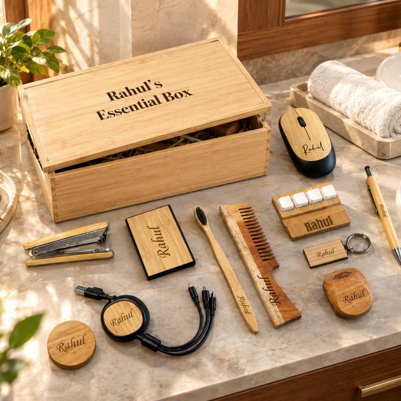 Bamboo Customised Essential Gift Set | Personalised Wooden Box with Toothbrush, Hair Brush, Stapler, Bottle Opener, Cable Set, Card Holder, Pen, Keychain, Mobile Holder & Mouse