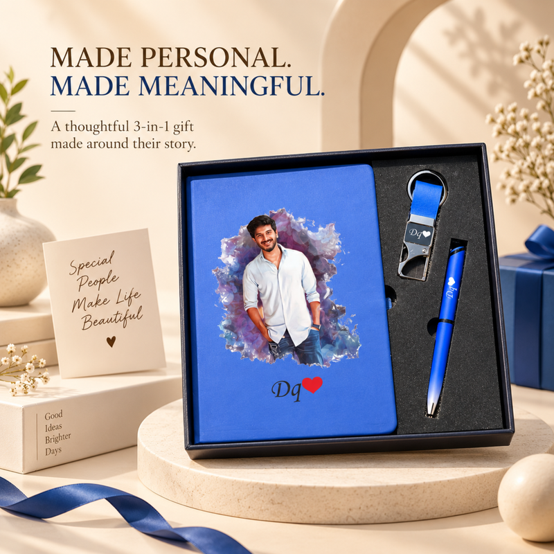 Personalized Artistic 3 In 1 Combo Gift Set | Custom A5 Diary with Pen & Keychain | Premium Corporate Gift Set for Men & Women